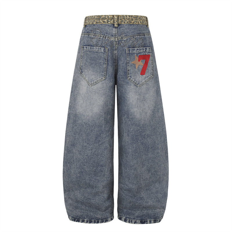 Vaqueros de Pierna Ancha para Hombre – Cintura de Leopardo, Corte Barrel Holgado y Denim Lavado