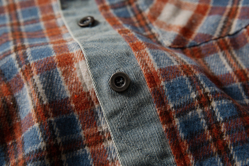 Men's Red Plaid Shirt Oversized Denim-Splice Faux Two-Piece Button-Down