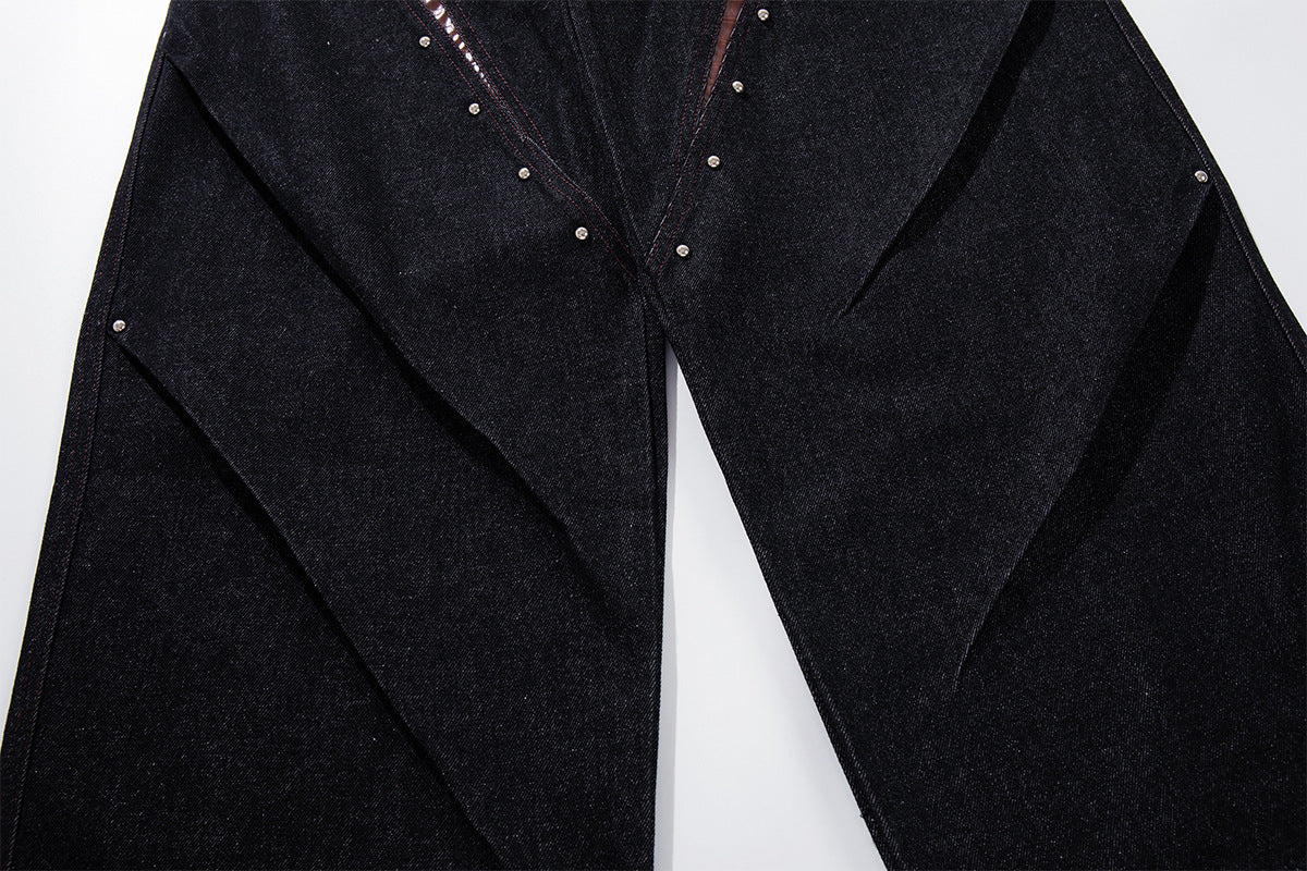 Baggy Wide-Leg Jeans with Croc-Leather Patchwork & Studded Detail — Black Denim