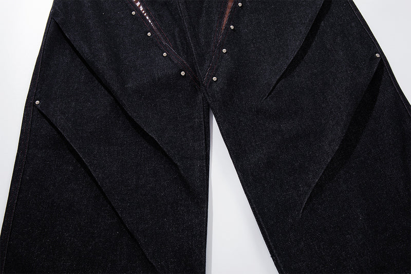 Baggy Wide-Leg Jeans with Croc-Leather Patchwork & Studded Detail — Black Denim