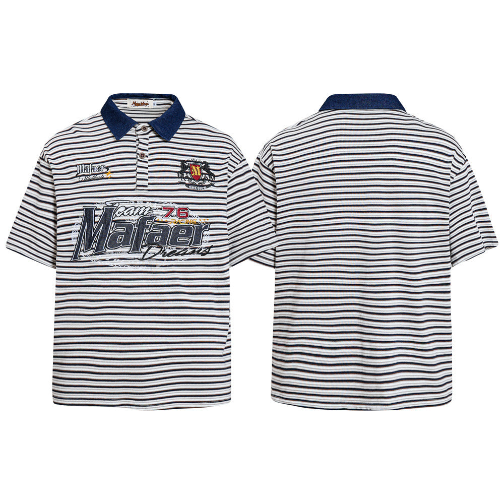 Men's American vintage navy striped polo shirt with Mafaer Racing 76 embroidered graphic and denim collar