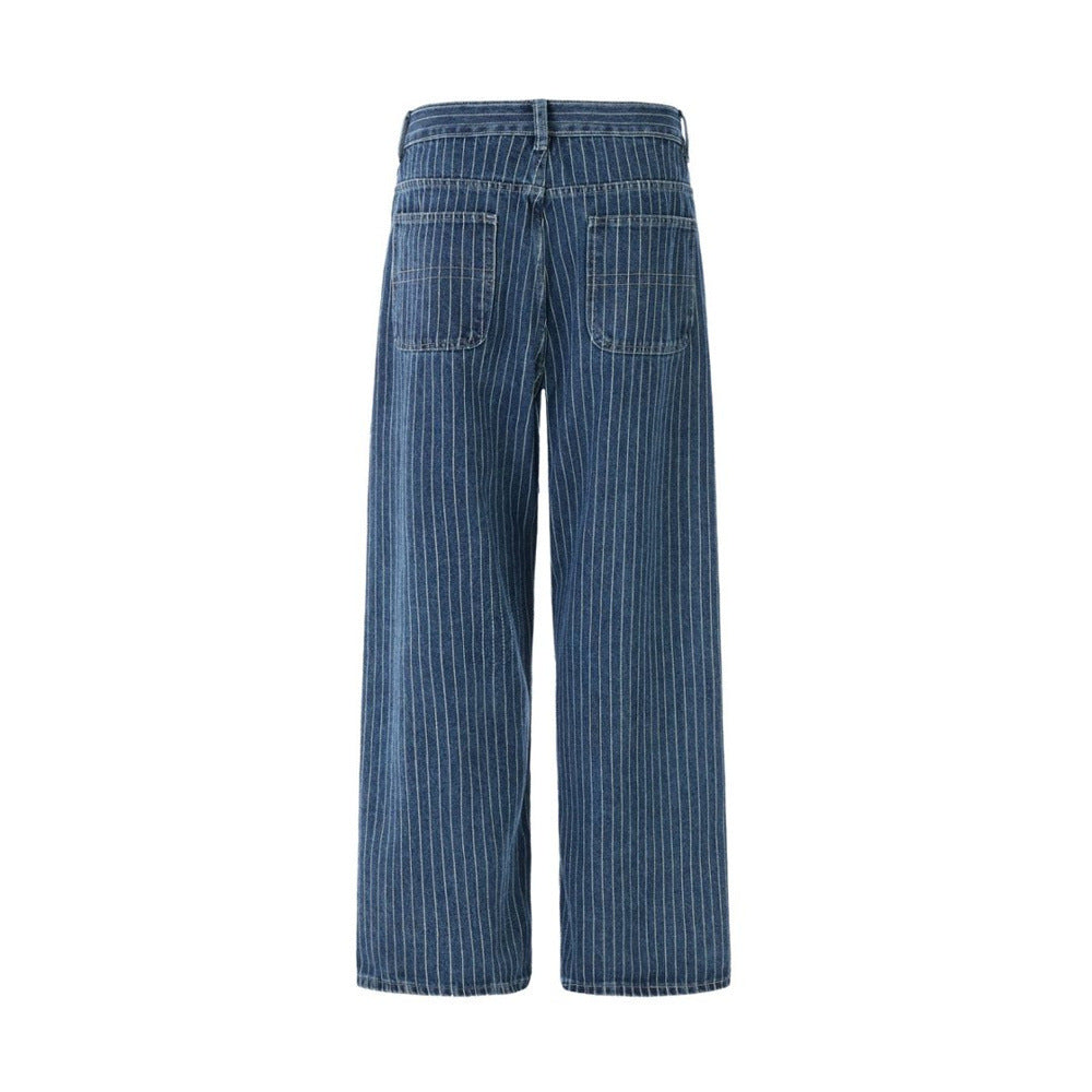 Men's Blue and White Striped Pants Wide-Leg Jeans with Rivet Side Detail