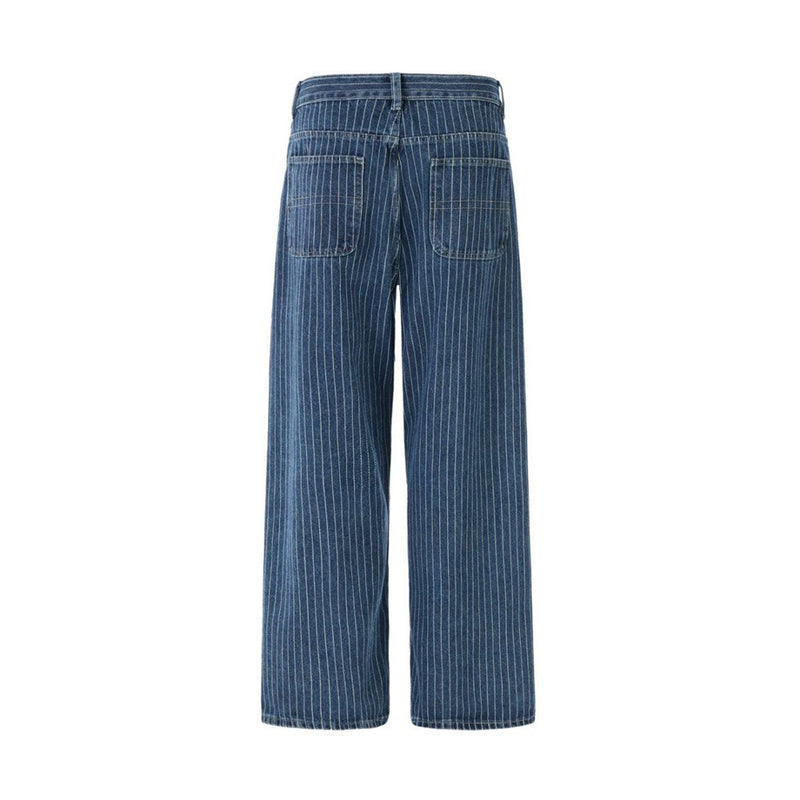 Men's Blue and White Striped Pants Wide-Leg Jeans with Rivet Side Detail