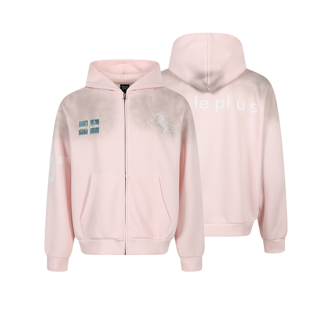 Zip-Hoodie mit aufgesticktem Einhorn und Badge-Patches – Gewaschener Farbverlauf