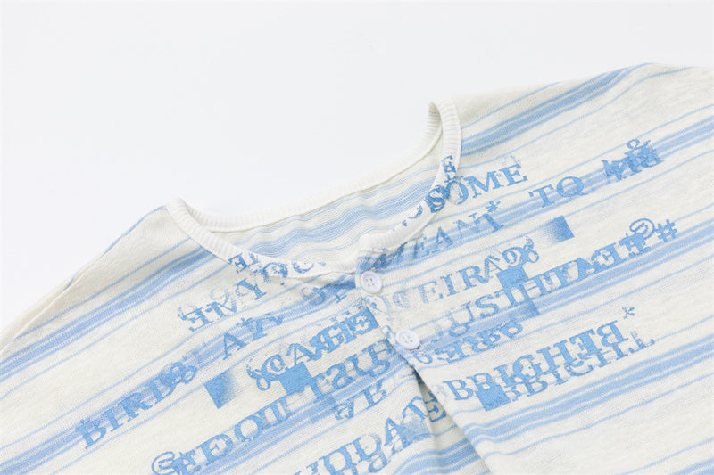 メンズ ブルー＆ホワイトストライプ長袖シャツ｜オーバーサイズ ストリートウェアTシャツ