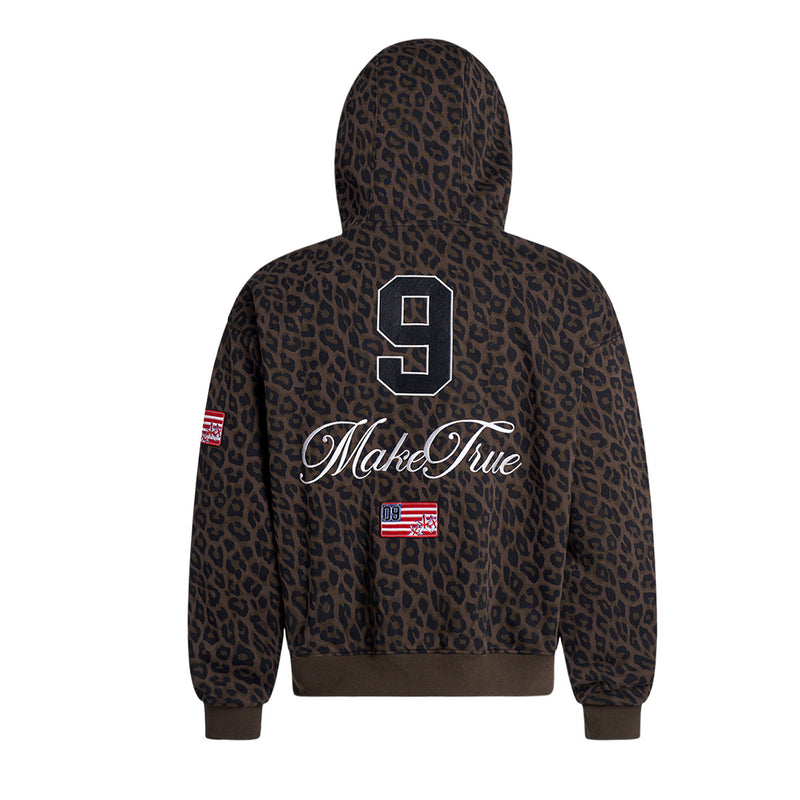 Leopard Print Zip-Up Hoodie with Embroidered MakeTrue Graphic & Number 9 Patches