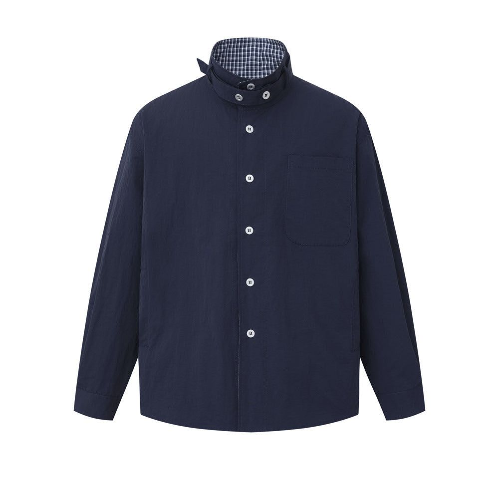 Navy high-collar relaxed-fit overshirt with contrast plaid inner collar and white buttons, front and back view