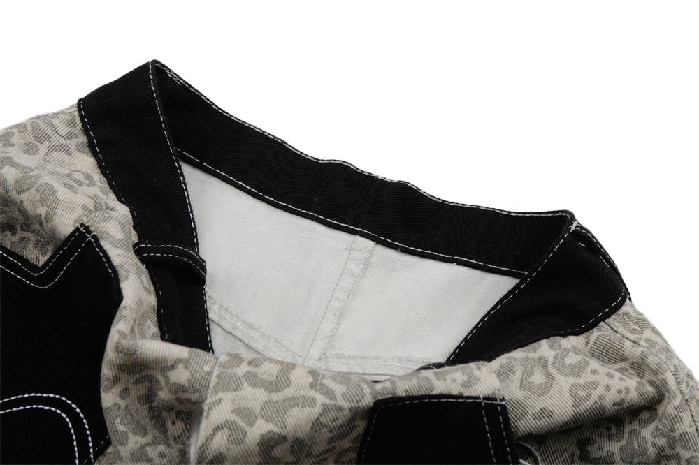 Retro Leopard Print Wide-Leg Baggy Jeans with Contrast Stripe & Pocket Detail