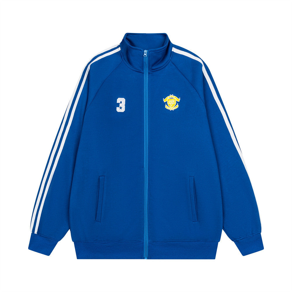 Men's Zip-Up Track Jacket with Stripe Sleeves and Crest Badge
