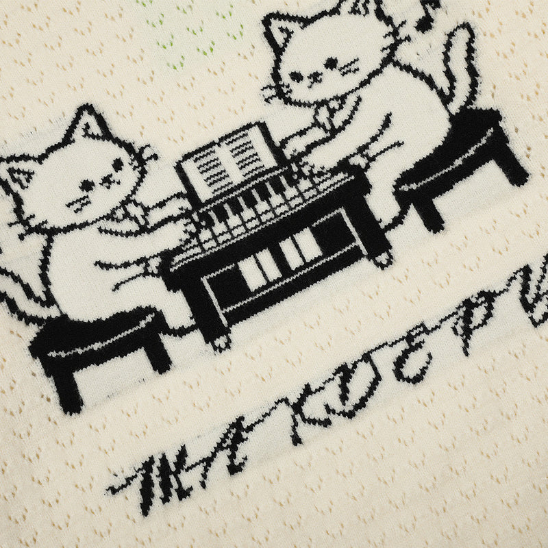 Pull homme en maille jacquard chat cartoon au piano – Pull à col rond et coupe décontractée