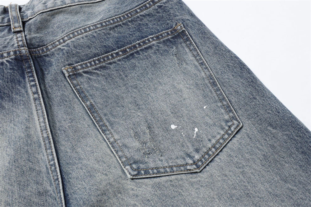 Wide-Leg Baggy Jeans – Vintage Wash, Paint Splatter & Distressed Hem
