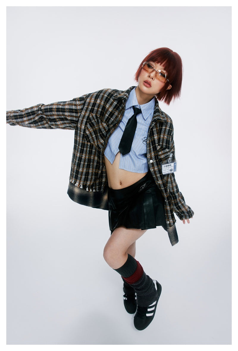 Vintage Plaid Patchwork Fringe Jacket – Oversized Unisex Overshirt