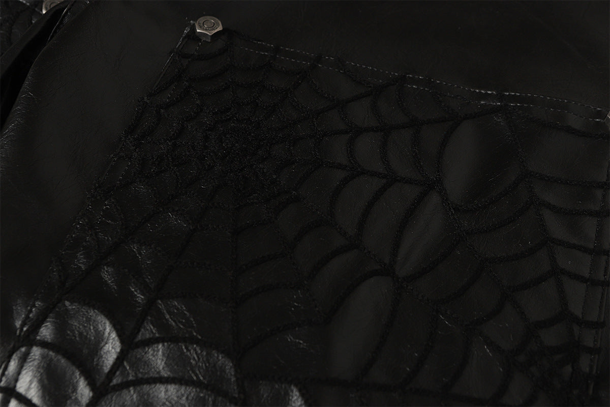 Wide-Leg Faux Leather Pants with Spiderweb Embossed Panels