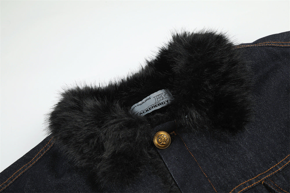 Dark Indigo Denim Jacket Men – Faux Fur Collar Sherpa-Lined Winter Trucker Coat