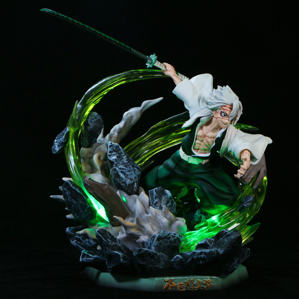 The Premium Demon Slayer Kaze Hashira Sanemi Shinazugawa Figure is a 30cm GK model with USB light-up effects, showcasing the Wind Hashira with white hair in a green and white outfit, wielding a green sword amidst dynamic rock and energy effects accented by green lighting.