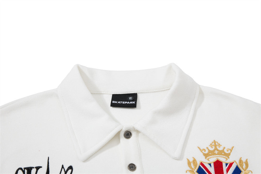 Men's Long-Sleeve Polo Shirt with Embroidered Music Badge & Union Jack Crest