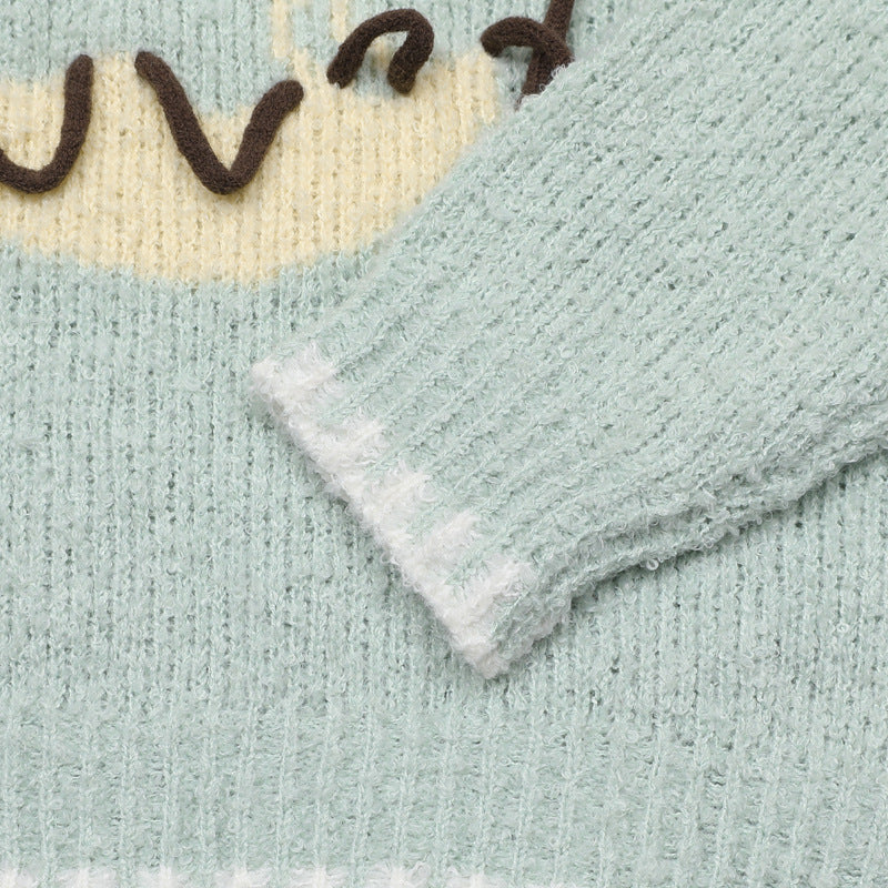 Cartoon Jacquard Crewneck Knit Sweater with Fringe Detail