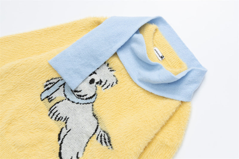 Cartoon Dog Colorblock Crew Neck Knit Sweater – Oversized Fuzzy Pullover