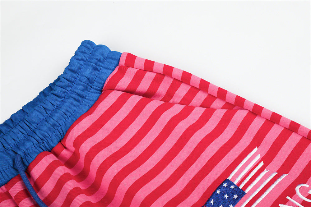 Men's Striped Wide-Leg Sweatpants with Star & Letter Embroidery – American