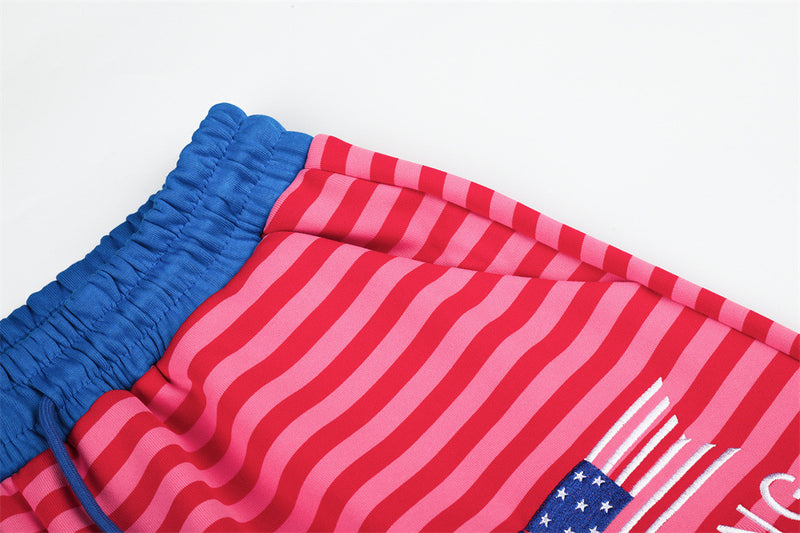 Men's Striped Wide-Leg Sweatpants with Star & Letter Embroidery – American