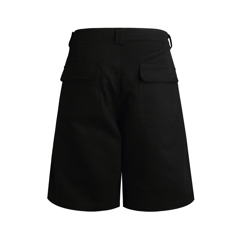 Black baggy shorts back view with flap pockets and wide-leg hem