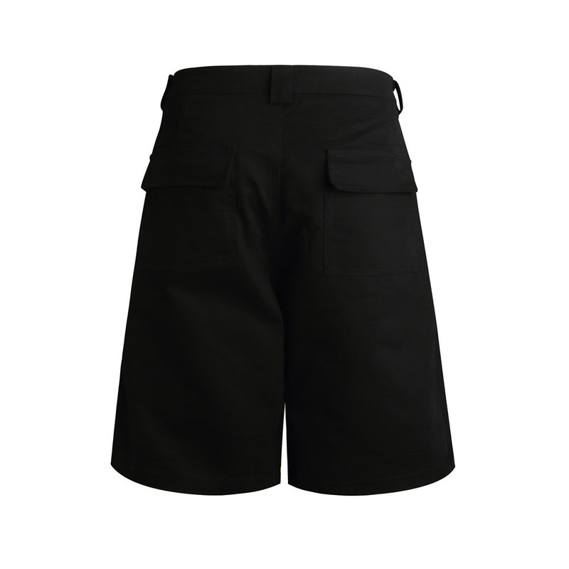 Black baggy shorts back view with flap pockets and wide-leg hem