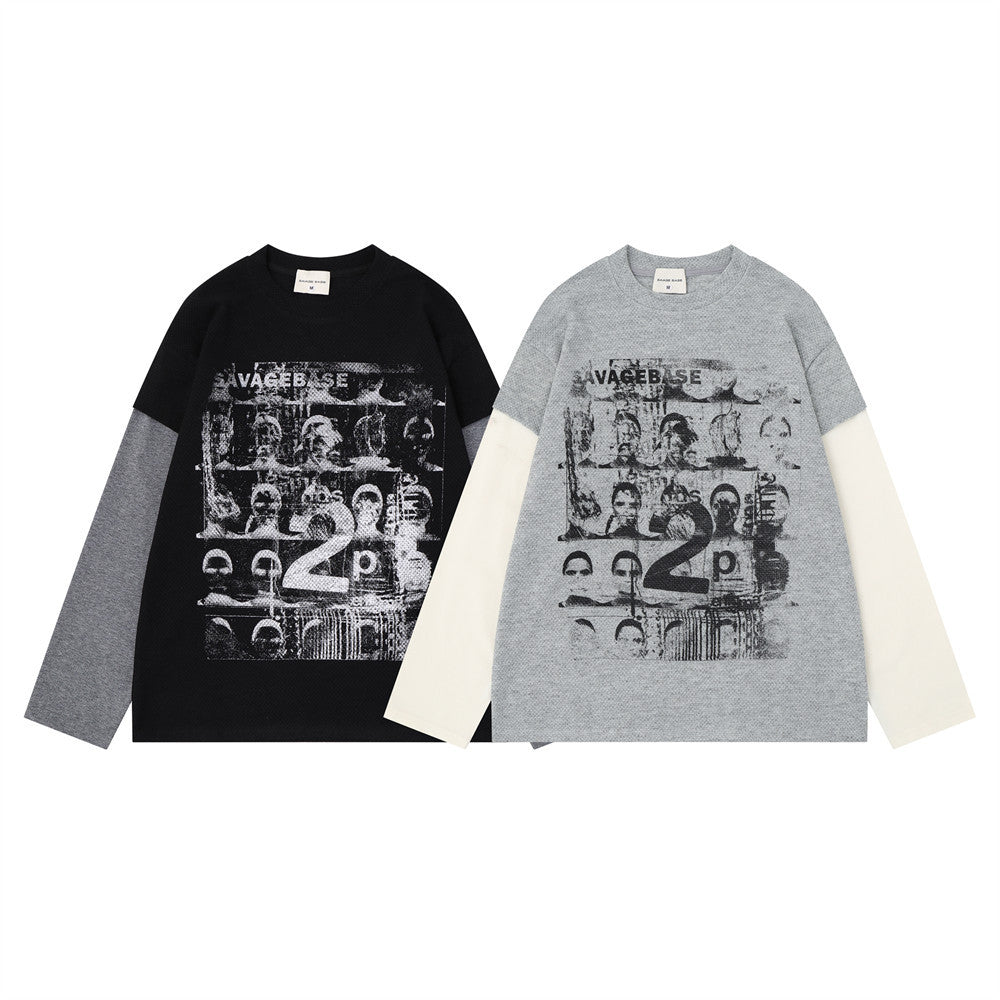 Faux-Layered Long Sleeve Graphic Tee – SAVAGEBASE Portrait Print, Men's