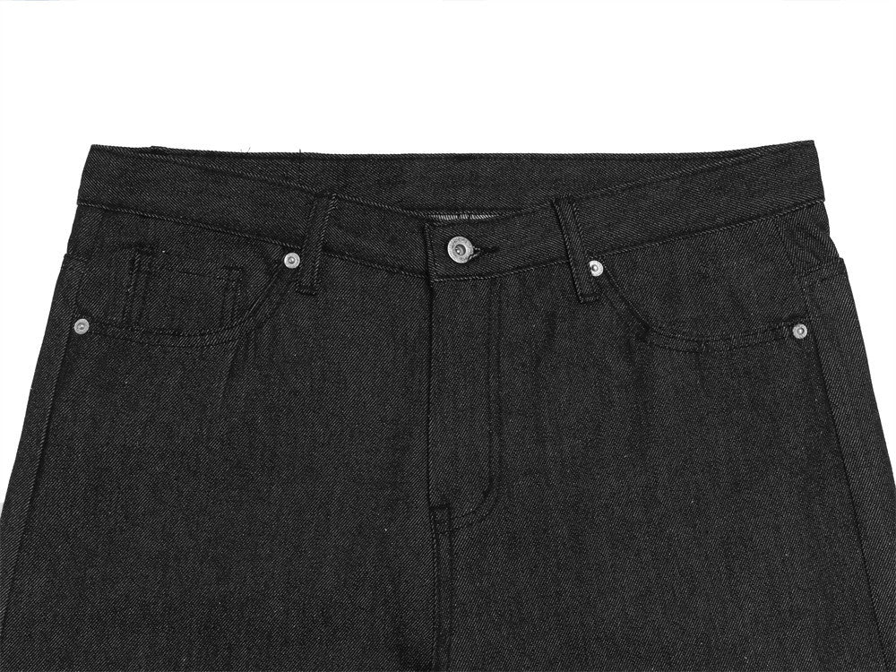 Wide-Leg-Raw-Denim-Jeans – Schwarze Herrenjeans mit Stern-Patches, Straight Fit
