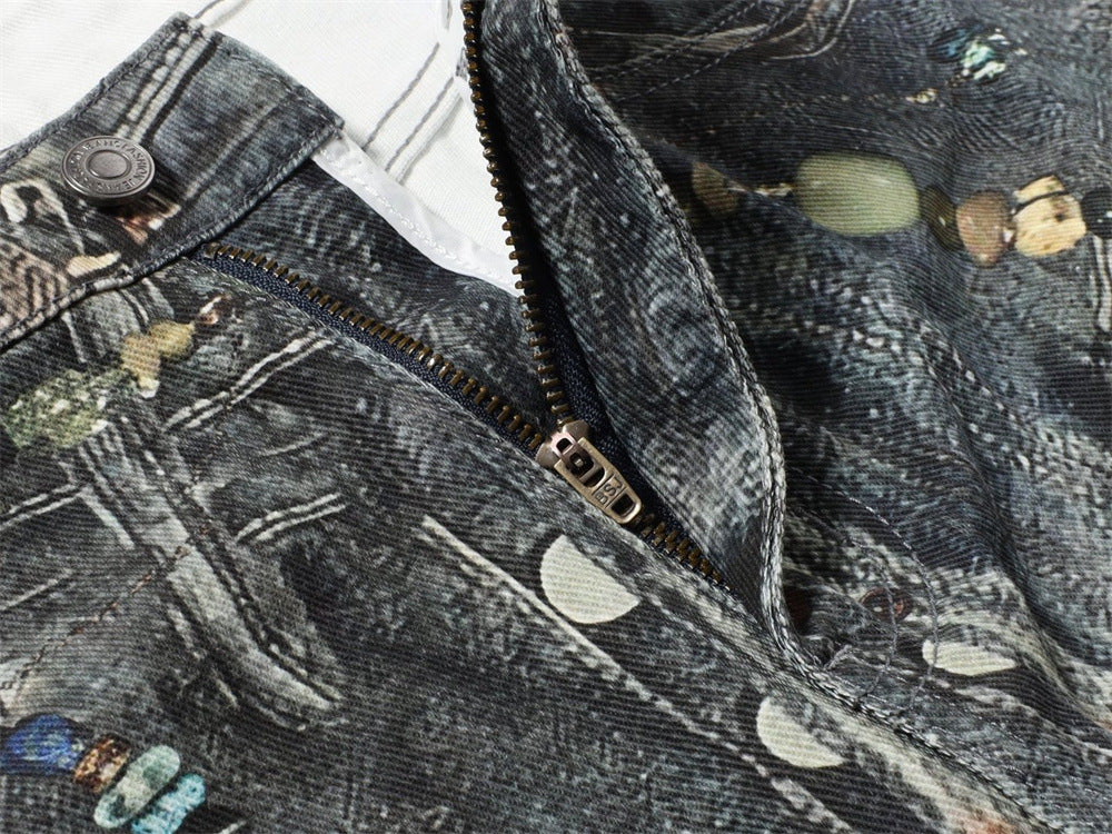 Wide-Leg Jeans with Chain & Bead Embellishments – Vintage Dirty-Wash Punk Denim