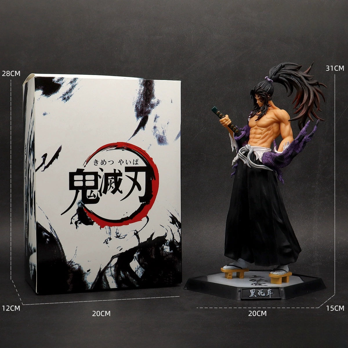 The Kokushibo Demon Slayer Figure, a 31cm PVC collectible for Kimetsu no Yaiba fans, features a shirtless character with long hair and a sword on a hexagonal base. It exudes a purple aura and comes in packaging with Japanese text measuring 28cm x 20cm x 12cm.