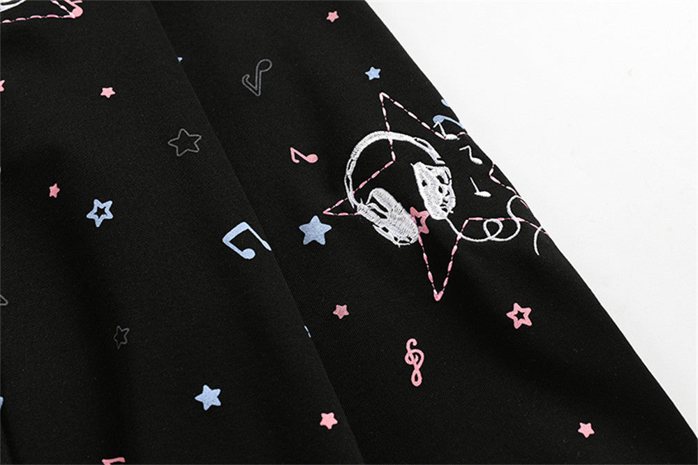 Cat Ear Zip-Up Hoodie with All-Over Music Note & Cartoon Print