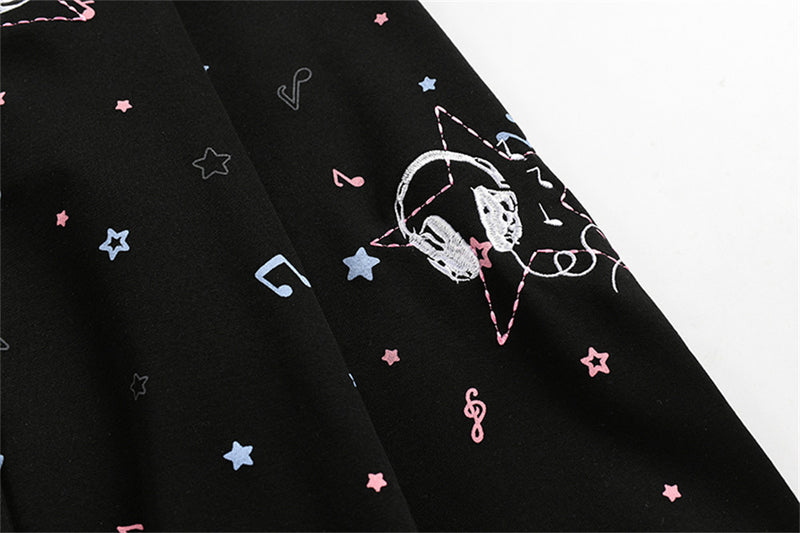 Cat Ear Zip-Up Hoodie with All-Over Music Note & Cartoon Print