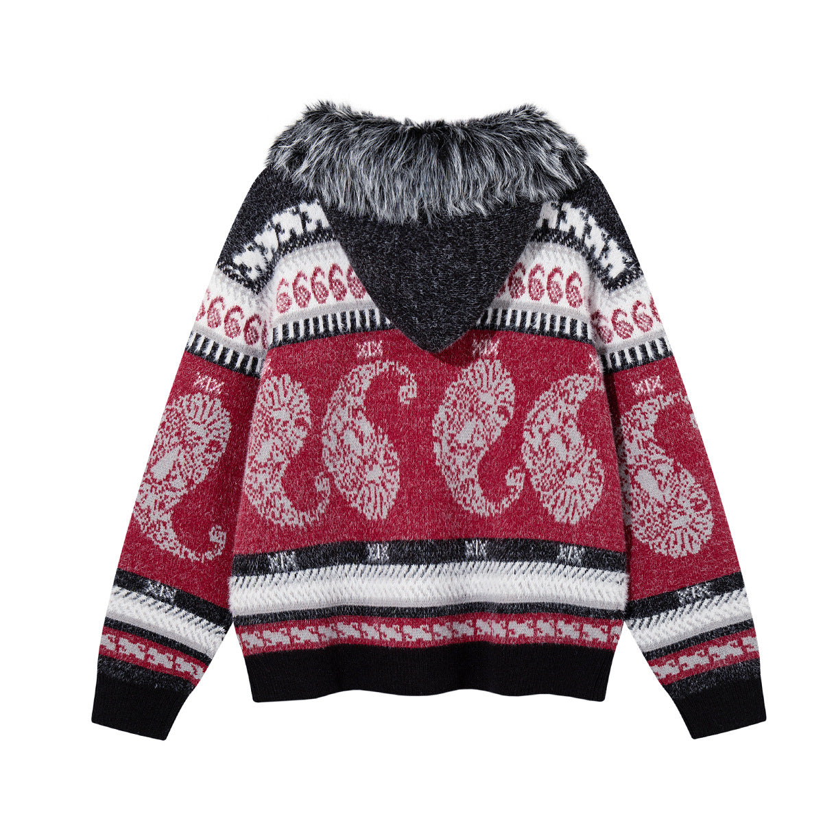 Paisley Fair Isle Knit Zip-Up Hoodie with Faux Fur Trim
