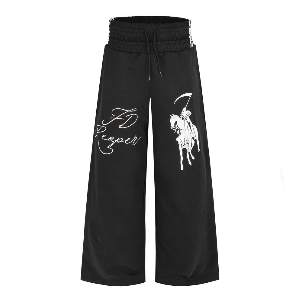 Black wide-leg sweatpants with white Grim Reaper on horseback graphic print and FD Reaper script logo, double elasticated wai