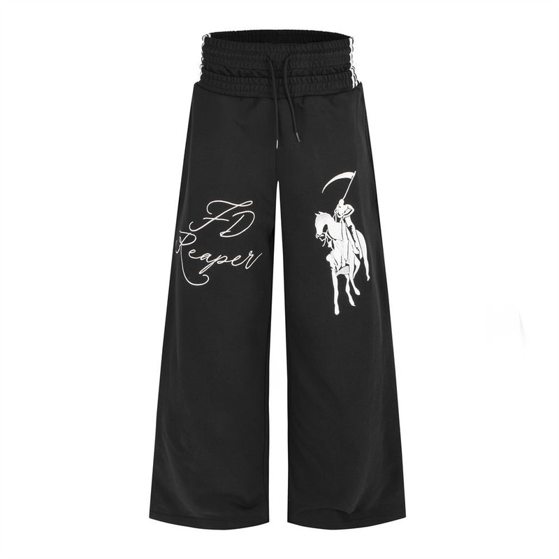 Black wide-leg sweatpants with white Grim Reaper on horseback graphic print and FD Reaper script logo, double elasticated wai
