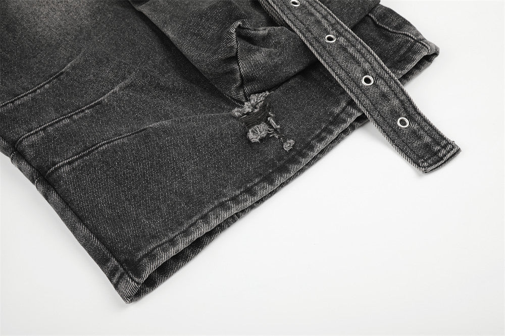 Deconstructed Cargo Denim Shorts – Multi-Pocket Punk Distressed Wide Leg
