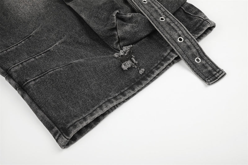 Deconstructed Cargo Denim Shorts – Multi-Pocket Punk Distressed Wide Leg