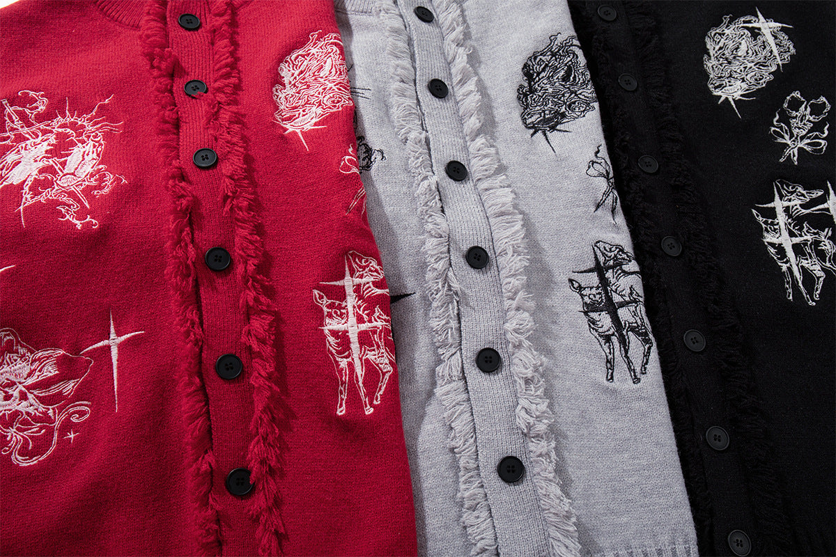 Gothic Embroidered Fringe Knit Cardigan Sweater – Oversized Button-Up