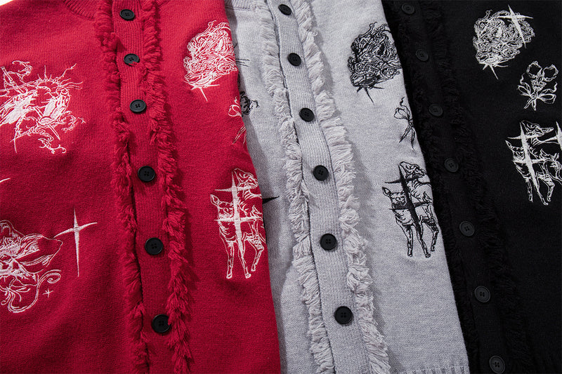 Gothic Embroidered Fringe Knit Cardigan Sweater – Oversized Button-Up
