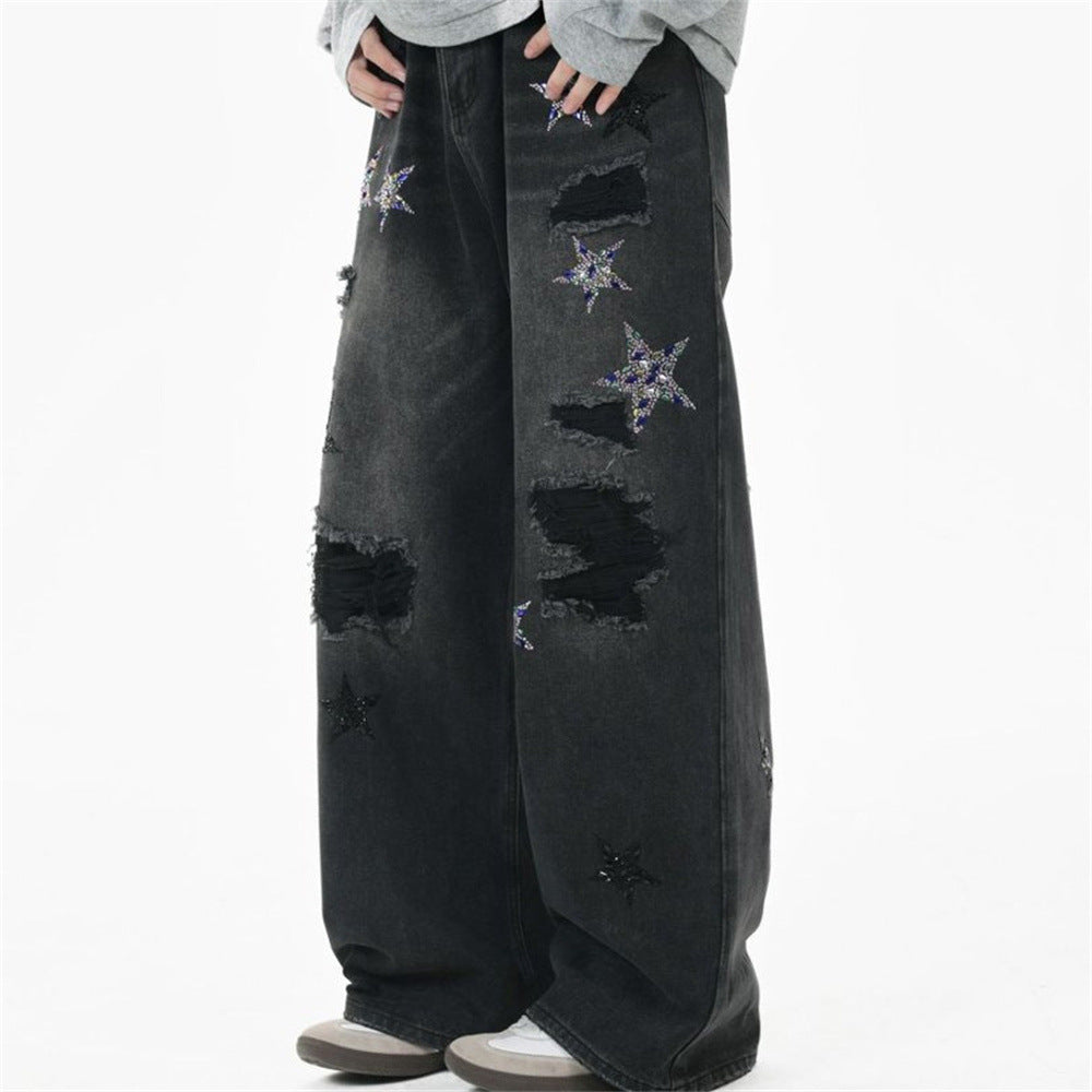 Ripped Baggy Jeans Men – Star Rhinestone & Sequin Wide-Leg Black Distressed