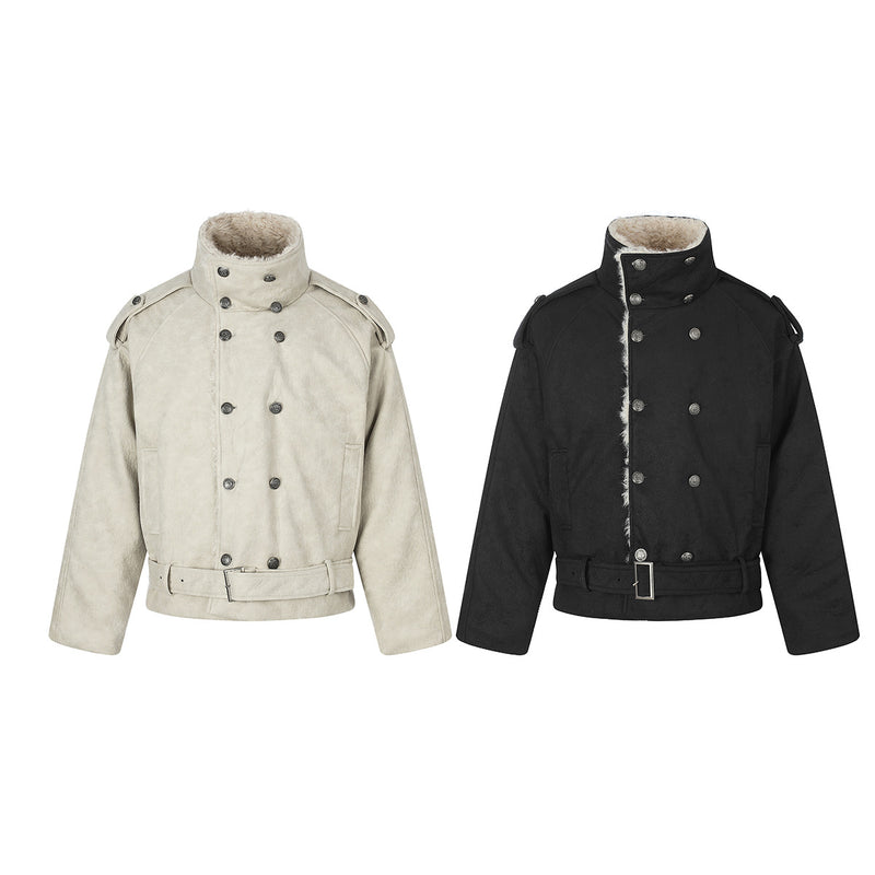 Double-Breasted Shearling-Collar Padded Jacket with Waist Belt