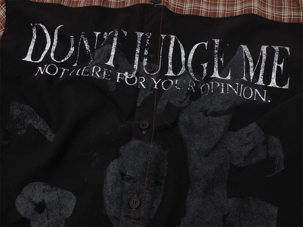 Don't Judge Me Graphic Patchwork Plaid Short Sleeve Shirt