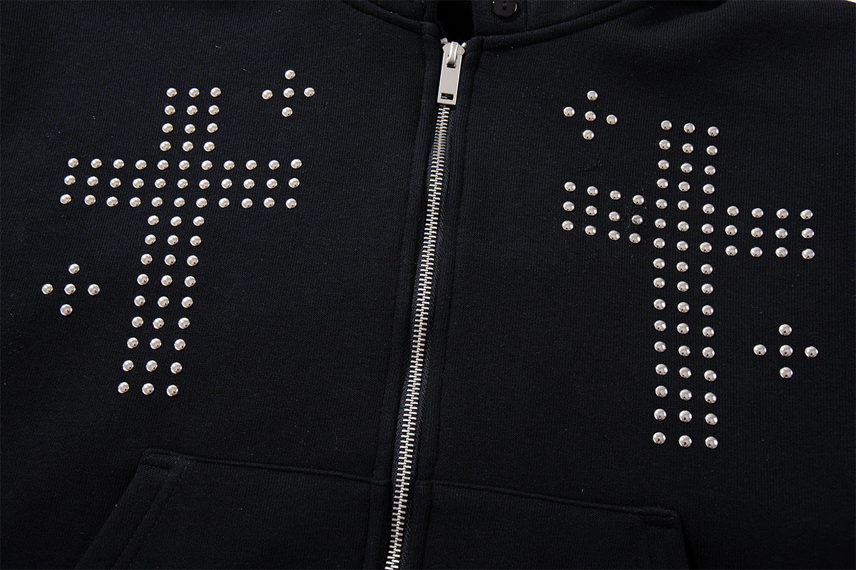Black Zip-Up Hoodie with Faux Fur Hood & Silver Cross Studs