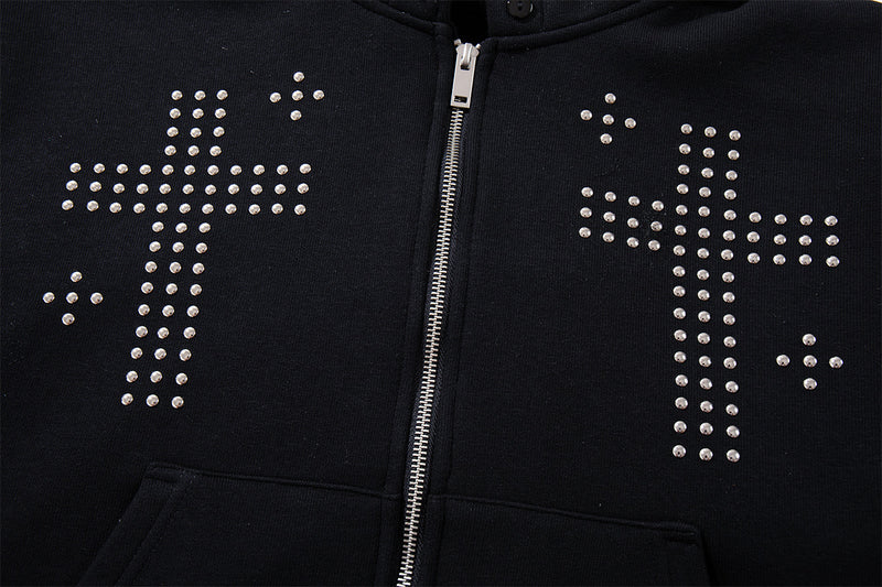 Black Zip-Up Hoodie with Faux Fur Hood & Silver Cross Studs