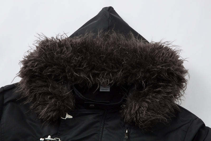 Padded Bomber Jacket with Detachable Faux Fur Hood & Ruched Sleeves in Black