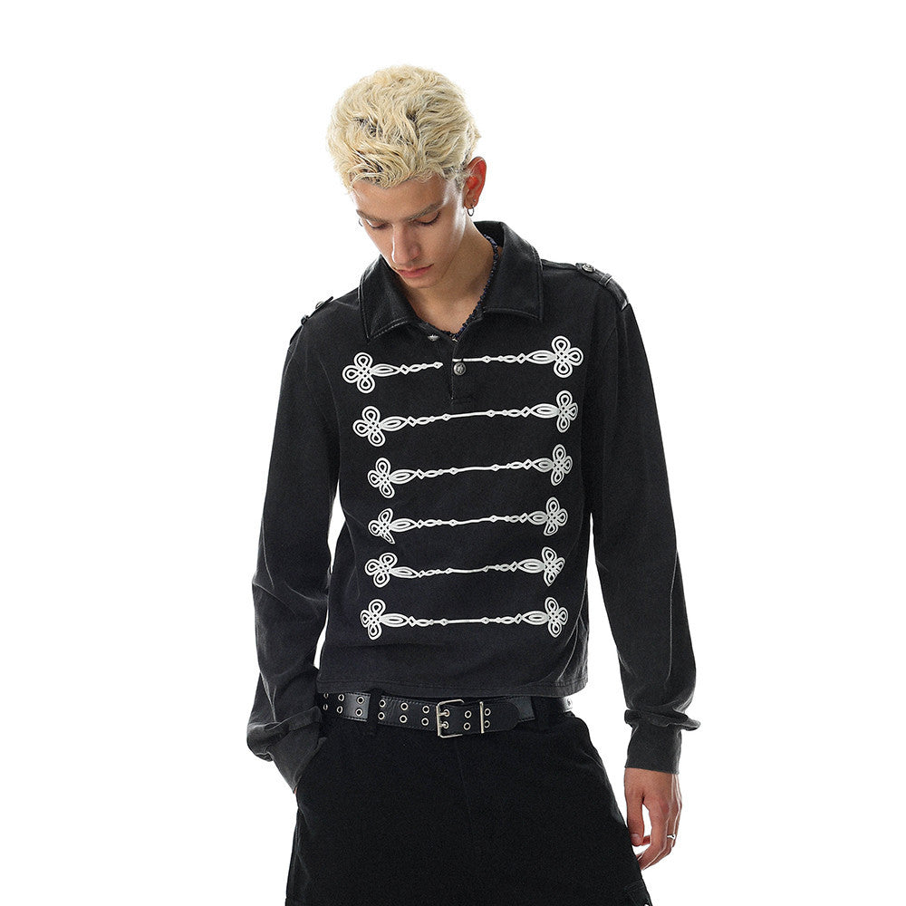 Men's Cropped Military-Style Long Sleeve Polo Shirt with Braided Trim – Black