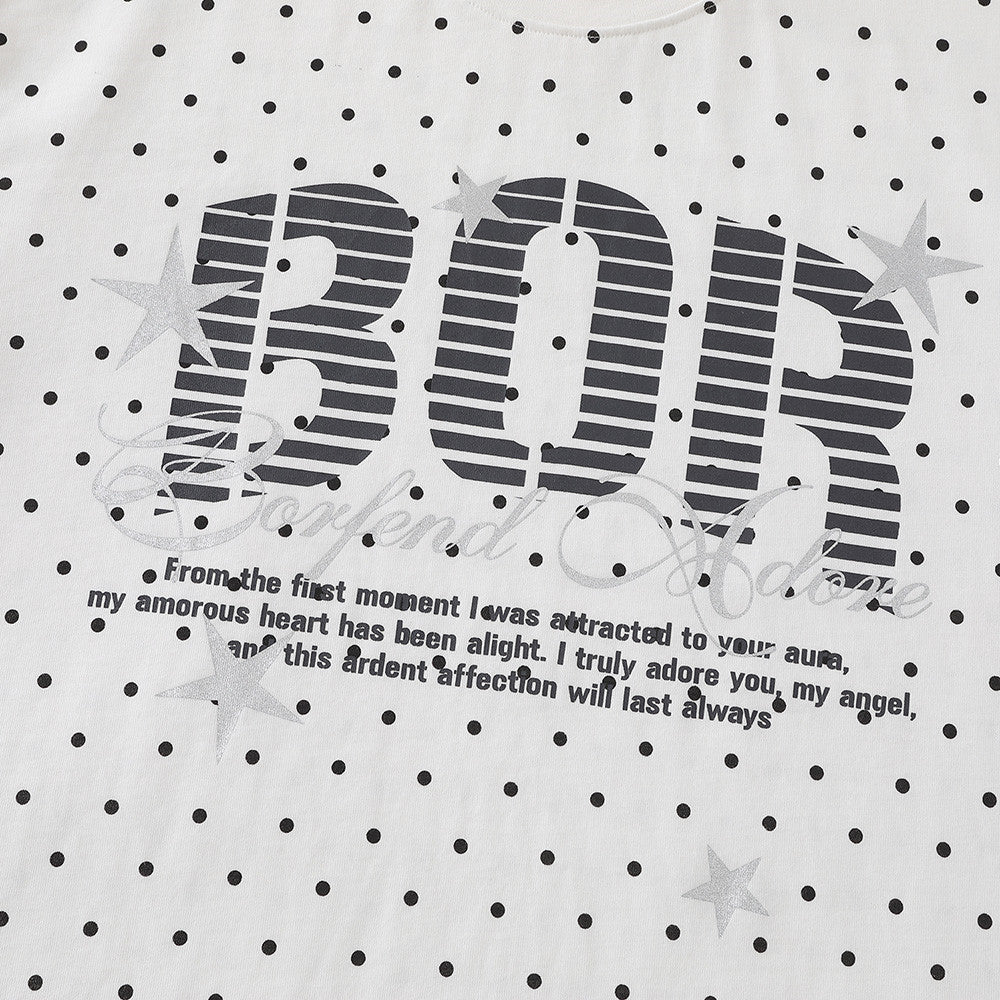 Polka Dot Oversized Graphic Tee – BOR Letter Print, Crew Neck Short Sleeve