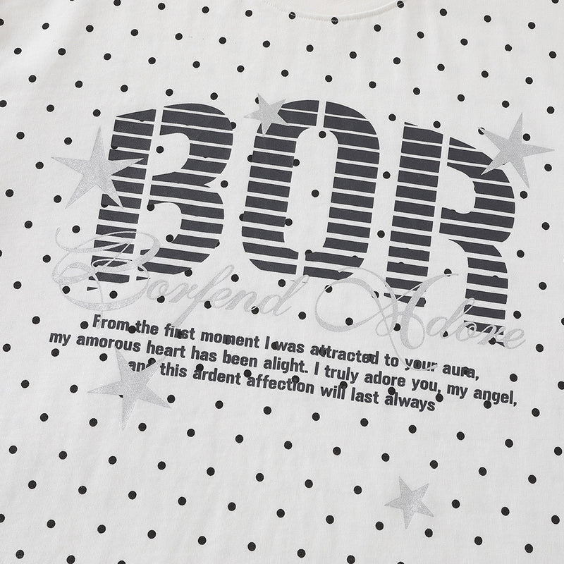 Polka Dot Oversized Graphic Tee – BOR Letter Print, Crew Neck Short Sleeve