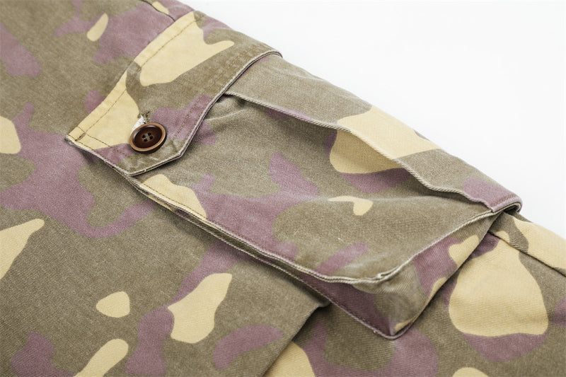 Camo Cargo Wide-Leg Pants – Vintage Washed, Multi-Pocket, Drawstring Waist