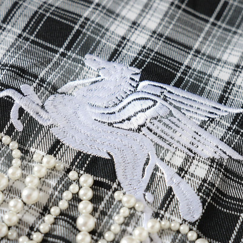 Plaid Short-Sleeve Shirt with Pegasus Embroidery & Studded Lettering